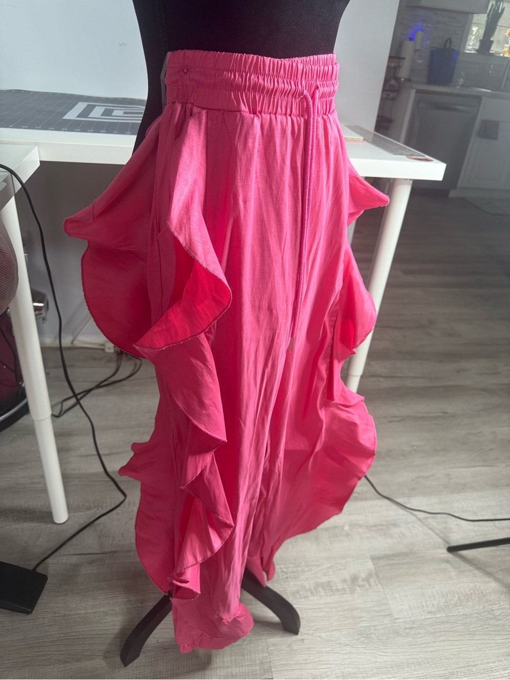Pink Ruffle Pants with Drawstring Waist - Picture 2 of 3